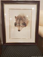 Full view of framed lithograph showing artwork, mat and frame