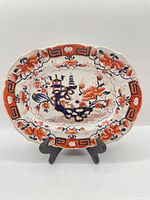 Front view of oval Imari-style platter showing full decoration