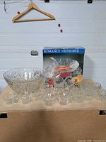 Open punch bowl with cups, boxed Romance set in background