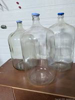 Three clear glass carboys with caps, full view