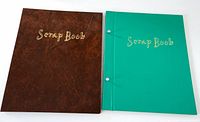 Front view of both brown and green scrapbook covers showing titles