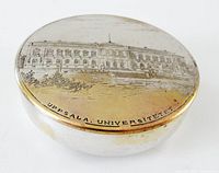 Lidded silver-plated round box showing engraved Uppsala University building