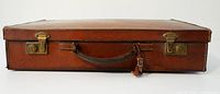 Closed brown leather suitcase front view showing brass latches and handle