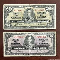 Front view of both 1937 $20 and $10 Bank of Canada notes