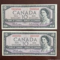 Front view of both 1954 $10 banknotes showing serial numbers and overall condition