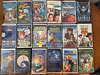 Front covers of all 18 VHS tapes laid out