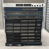 Front view of stacked switches and server