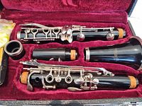 Clarinet body sections, barrel, bell and keys in velvet-lined case