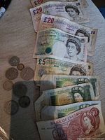 Group of banknotes and coins laid out