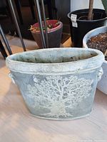 Front view showing oval planter with tree motif