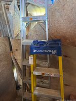Yellow fiberglass ladder with blue top 250 lb rating in front of silver aluminum ladder
