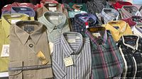Overview of two rows of men’s shirts showing colour, patterns, tags