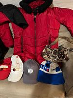 Red coat, Guess purse, five caps visible