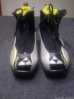 Front view of Fischer ski boots showing toe logos and zip cover