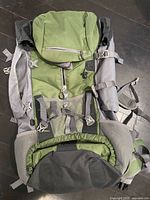 Front view showing pockets, straps and hip belt