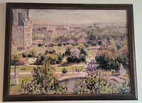 Full view of framed watercolor painting showing the springtime park scene and frame