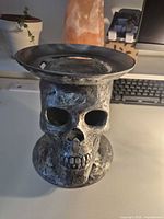 front view of metal skull with dish