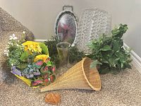 Group shot of all items including trays, vase, cornucopia, faux florals, wooden heart