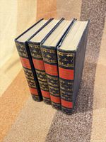 Spine and fore-edge view of all four volumes standing