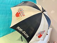 Side view showing full canopy with branding