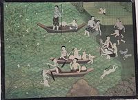 Full view of painting showing entire scene with boats, figures and lotus plants