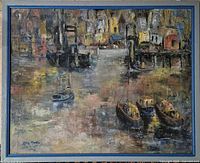 Full view of framed harbor scene painting