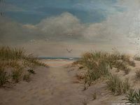 Full view of oil painting showing coastal dune scene