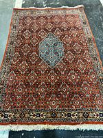 Full view of handmade Persian rug showing overall design and fringes