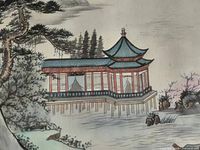 Section with pavilion on stilts over water, pine and rocky foreground