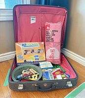 Overall lot inside suitcase showing insulation, EZMoves sliders, LED lights, adhesive strips, twist-tie wire, mouse traps and carabiners