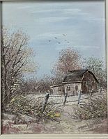 Close view of painting showing barn, trees, birds and artist signature