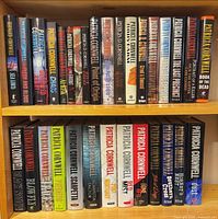 Two shelves of hardcover mystery novels with dust jackets