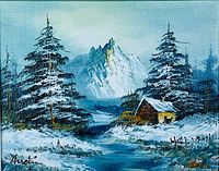 Full view of signed winter mountain cabin oil painting in frame