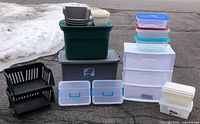 Overview of entire lot showing all containers and organizers grouped together