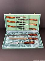 Open case showing all nine pieces inside fitted satin lining