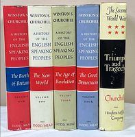 Front view of all five Churchill hardcover volumes with dust jackets visible