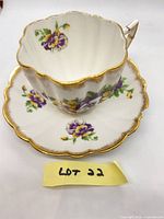 Full view of teacup on saucer showing pattern and shape