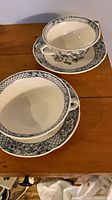 Two teacups on matching saucers showing complete set
