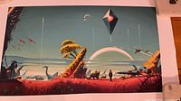 Full view of unframed sci-fi landscape poster laying flat on surface
