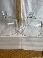 Pair of clear glass cloche domes with ruler for scale