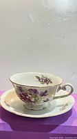 Teacup on saucer, side profile showing handle and floral design