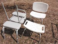 Shower chair parts, shower stool seat, and transfer bench sections displayed outdoors
