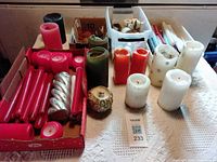 Wide view of assorted candles on table