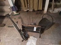Overall lot showing log splitter, fireplace tool set, coal hod and tray