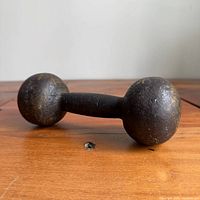 full side view of cast iron 5 lb round head dumbbell