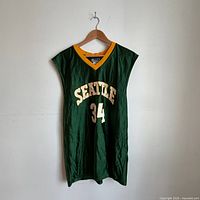 Front view of green Seattle SuperSonics Ray Allen #34 jersey on hanger