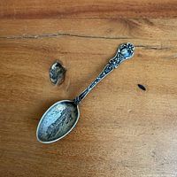 Full view of spoon on wood surface, showing bowl engraving and handle detail