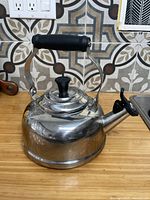 Side view of stainless steel Le Creuset whistling kettle showing body, handle, spout, and general wear