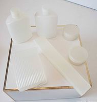 All six matching white plastic travel containers