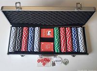Open aluminum case showing poker chips, cards, dice, dealer button and keys